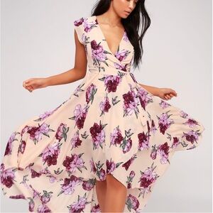 Lulu's Elegant High-Low Dress in Cream and Purple